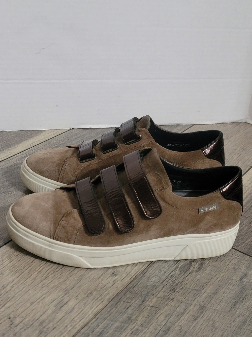 Mephisto Women's Frederica Luxor Taupe Suede Sneakers with Dark Brown Straps 10